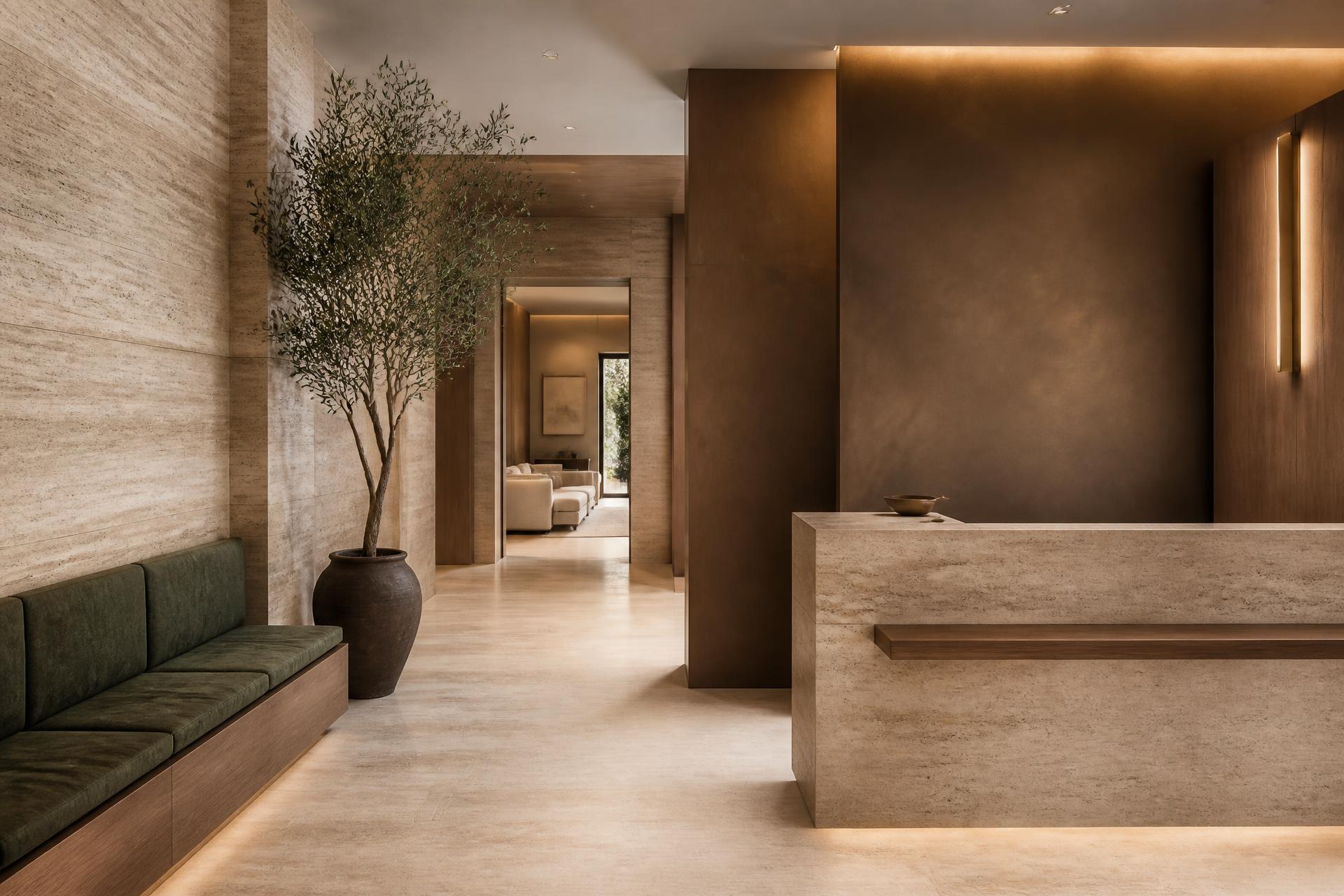 The calm travertine reception of Whole Tooth Dental